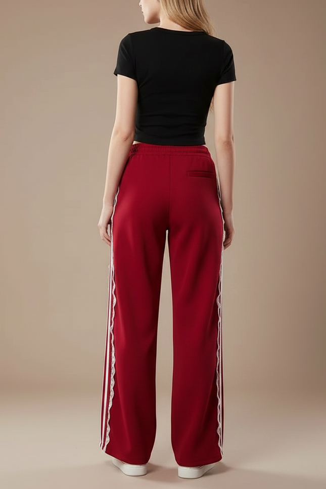 Pantalon Parachute Rouge Ample Rayures Dentelle Femme - Molleton - vue 2