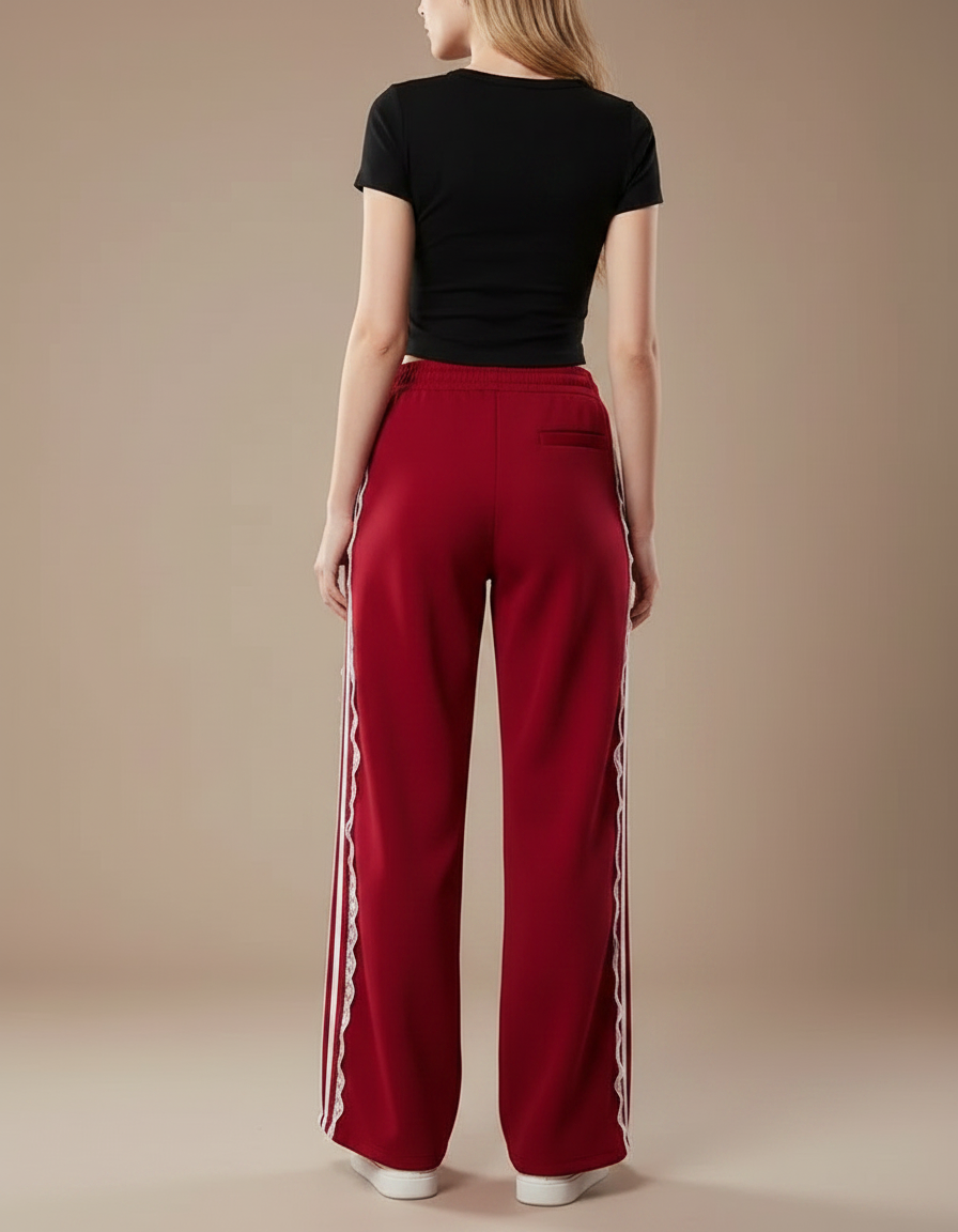 Pantalon Parachute Rouge Ample Rayures Dentelle Femme - Molleton - vue 2