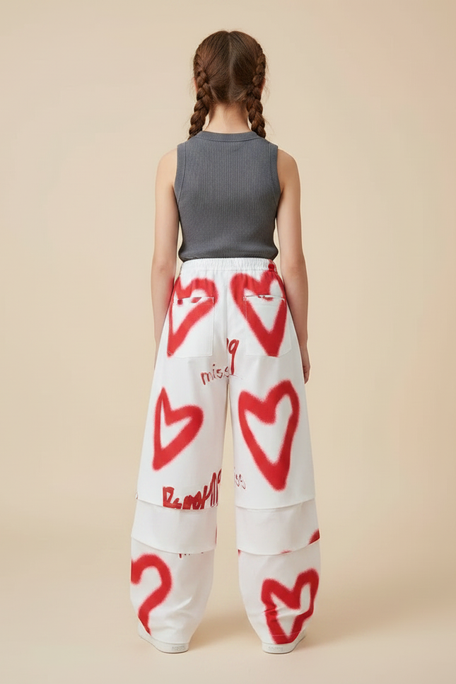 Pantalon Parachute Blanc Cœurs Rouges Ample Fille Graffiti - Molleton - vue 2