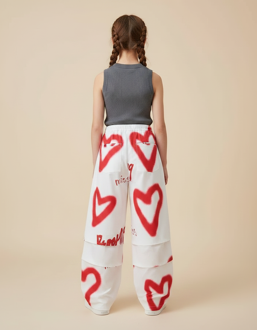 Pantalon Parachute Blanc Cœurs Rouges Ample Fille Graffiti - Molleton - vue 2