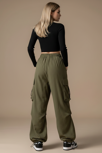 Pantalon Parachute Kaki Ample Cargo Décontracté Femme - Polyester - vue 2