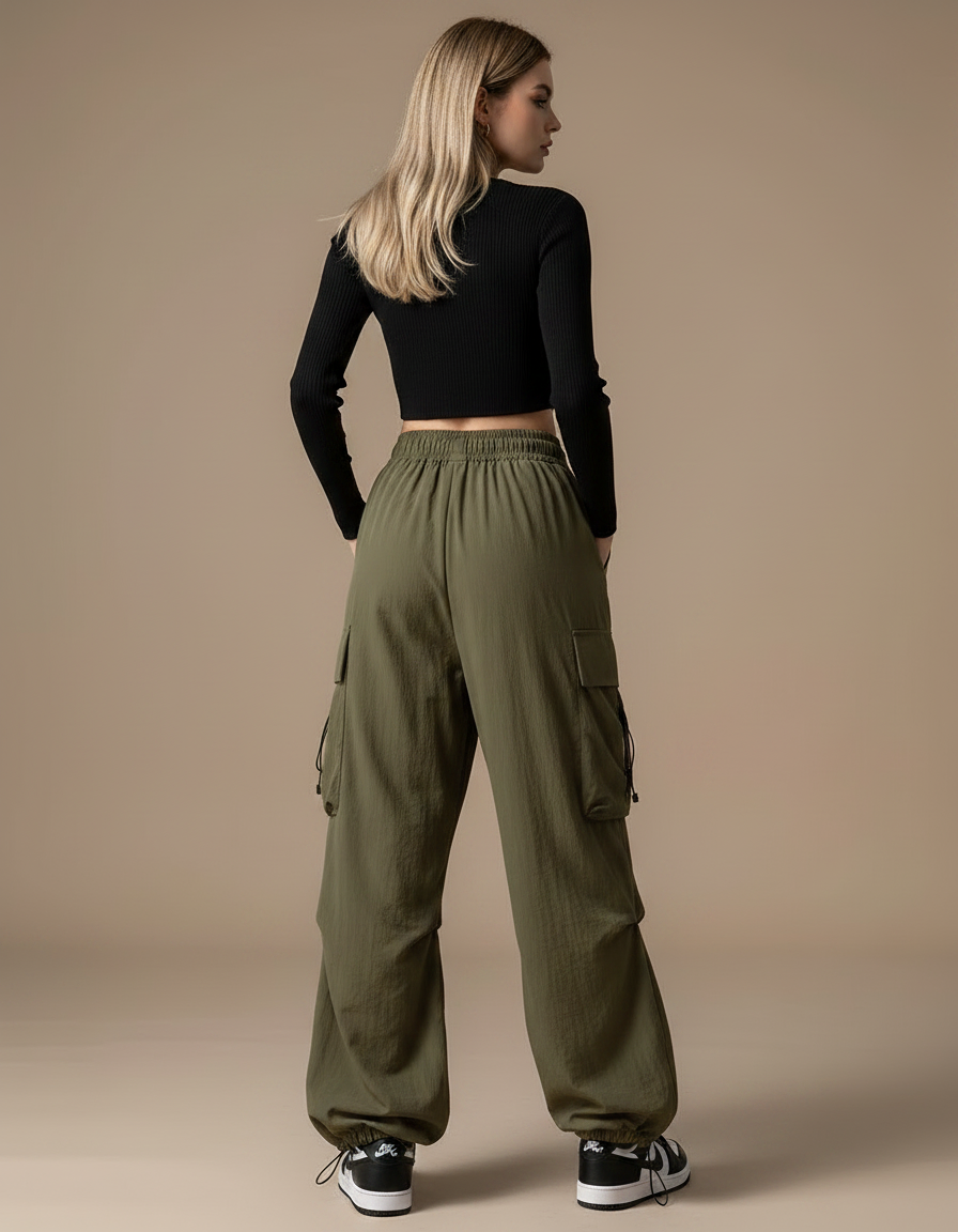 Pantalon Parachute Kaki Ample Cargo Décontracté Femme - Polyester - vue 2