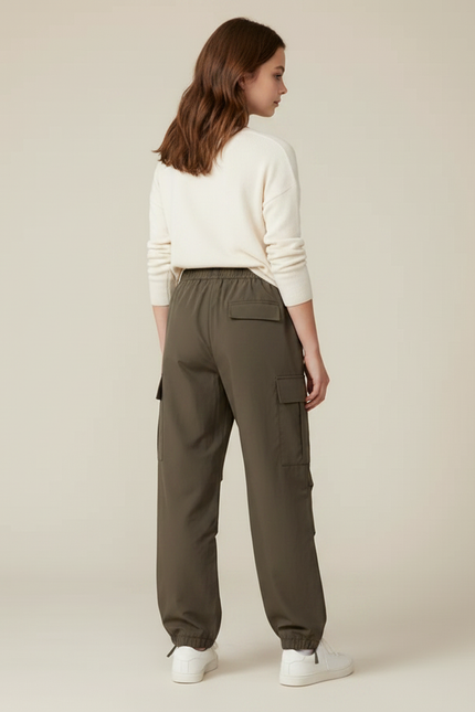 Pantalon Parachute Vert Cargo Ample Multipoches Fille - Kaki Polyester - vue 2