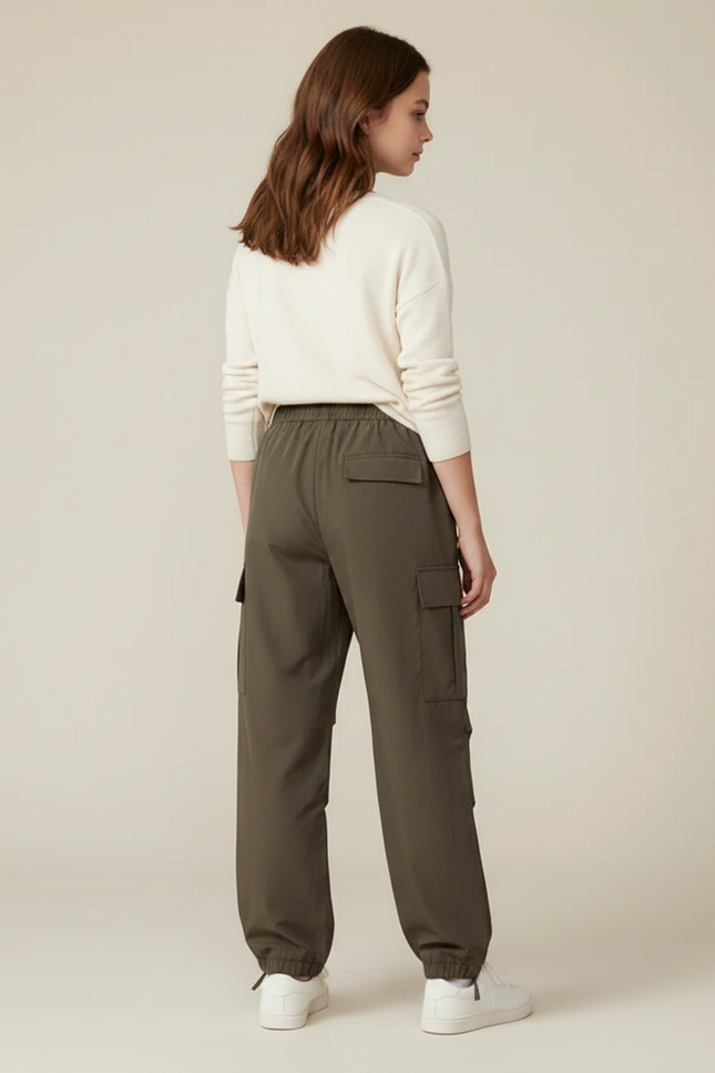 Pantalon Parachute Vert Cargo Ample Multipoches Fille - Kaki Polyester - vue 2