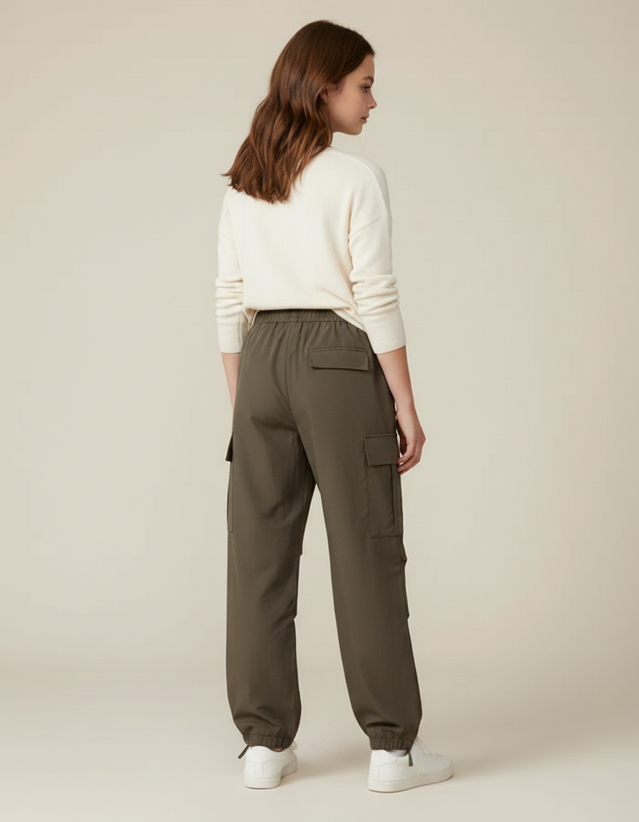 Pantalon Parachute Vert Cargo Ample Multipoches Fille - Kaki Polyester - vue 2