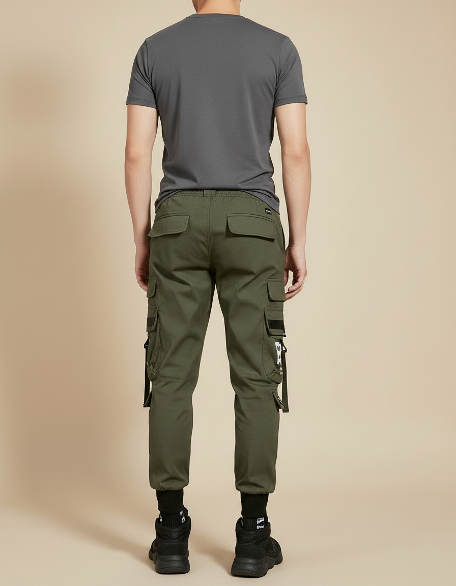 Pantalon Parachute Kaki Cargo Imprimé Cordon Jogger Streetwear - Polyester - vue 2