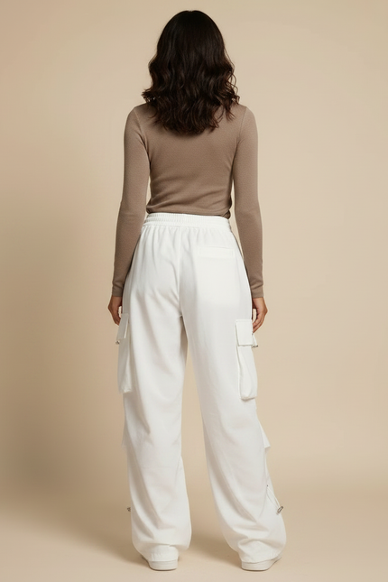 Pantalon Parachute Blanc Cargo Ample Femme Streetwear - Polyester - vue 2