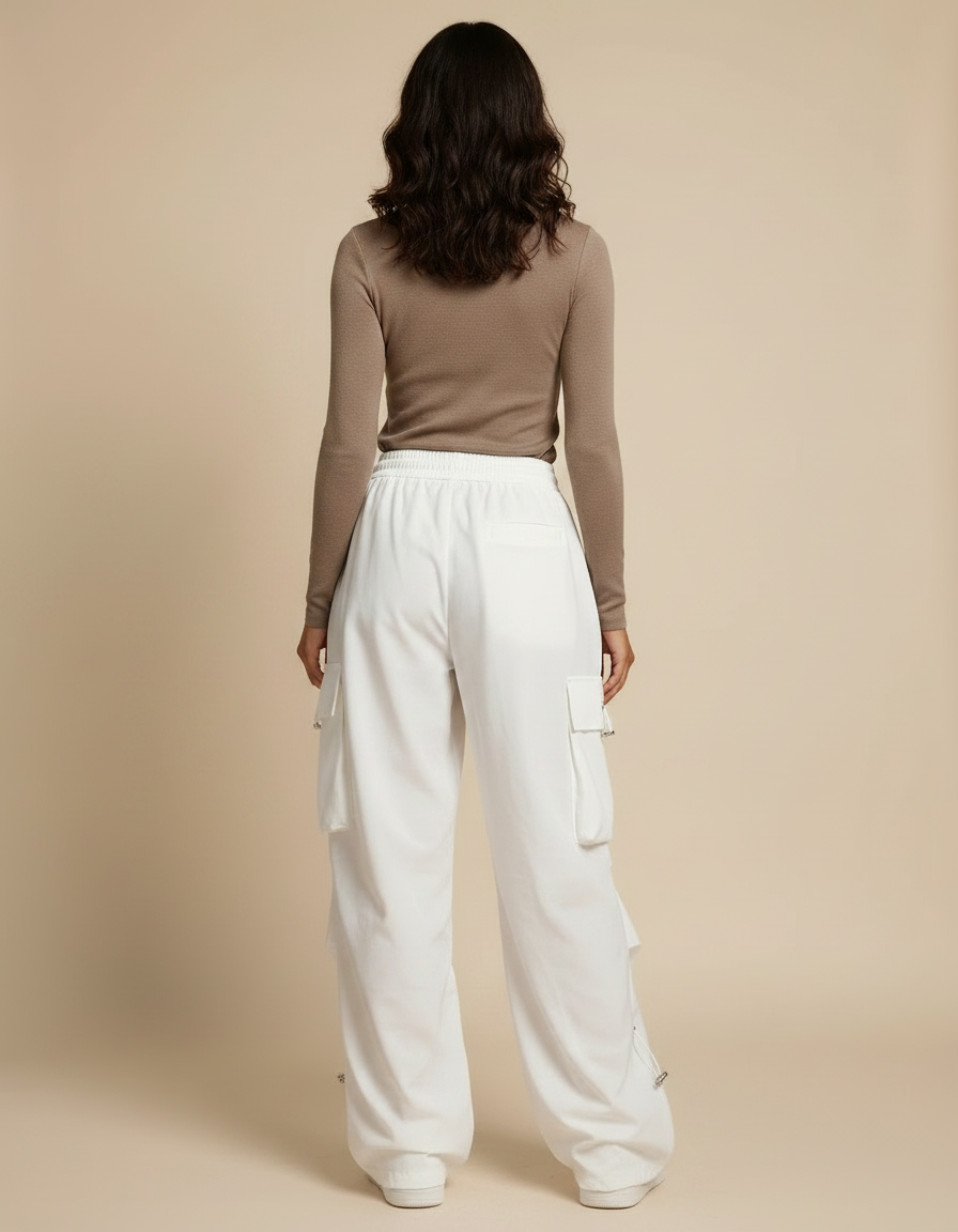 Pantalon Parachute Blanc Cargo Ample Femme Streetwear - Polyester - vue 2