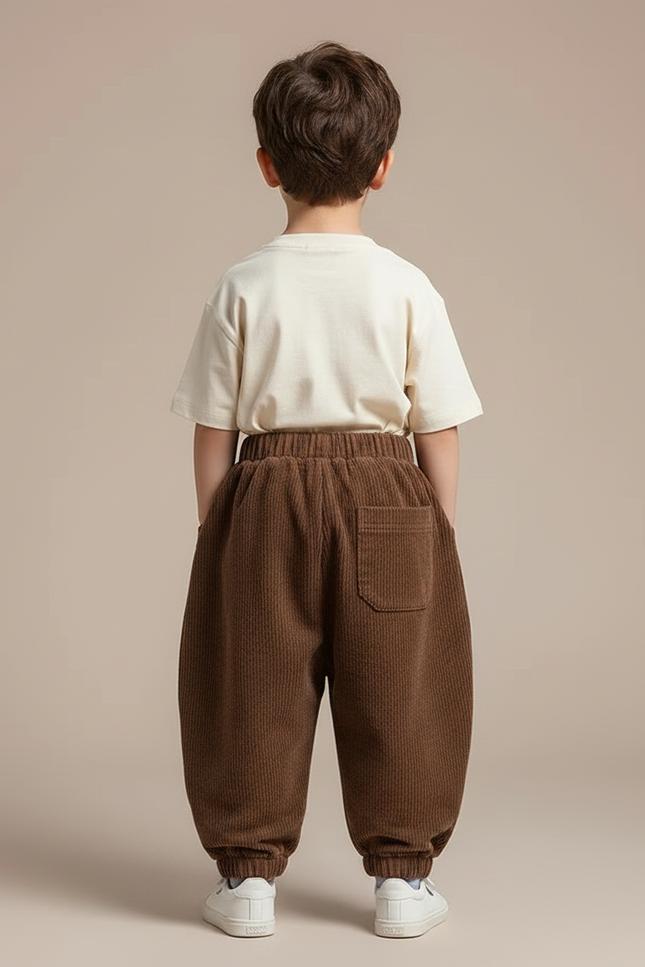 Pantalon Parachute Marron Côtelé Ample Décontracté Enfant - Cordé - vue 2