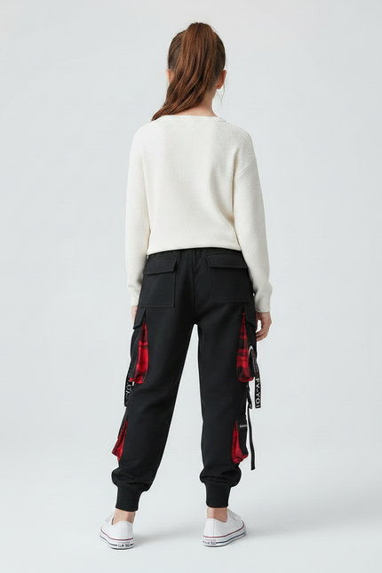 Pantalon Parachute Noir Cargo Rouge Techwear Ample - Molleton - vue 2