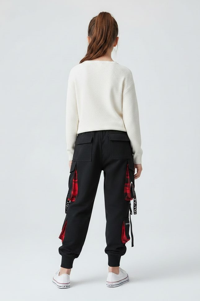 Pantalon Parachute Noir Cargo Rouge Techwear Ample - Molleton - vue 2