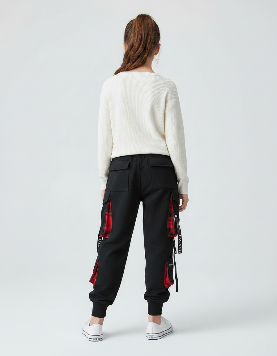 Pantalon Parachute Noir Cargo Rouge Techwear Ample - Molleton - vue 2