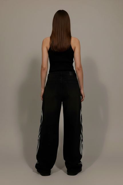 Pantalon Parachute Noir Imprimé Tribal Ample Streetwear - Molleton - vue 2