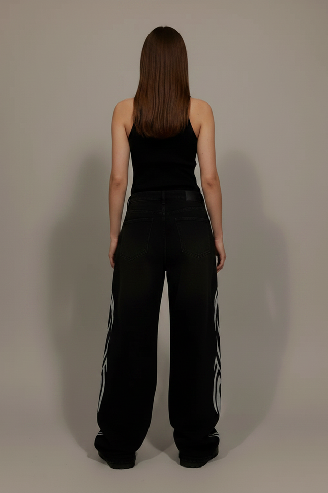 Pantalon Parachute Noir Imprimé Tribal Ample Streetwear - Molleton - vue 2