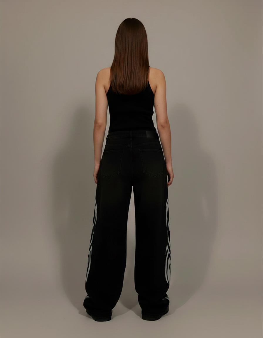 Pantalon Parachute Noir Imprimé Tribal Ample Streetwear - Molleton - vue 2