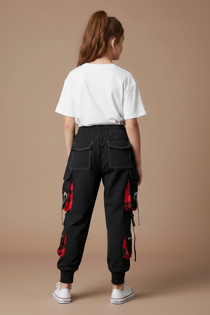 Pantalon Parachute Noir Cargo Ample Rouge Techwear - Polyester - vue 2