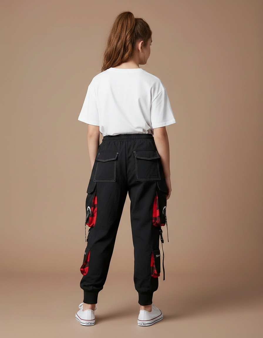 Pantalon Parachute Noir Cargo Ample Rouge Techwear - Polyester - vue 2