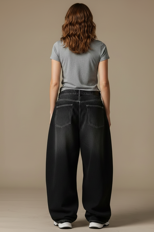 Pantalon Parachute Noir Délavé Ample Denim Femme Streetwear - Jean - vue 2