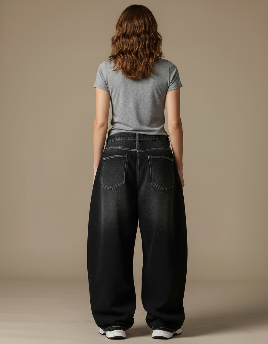 Pantalon Parachute Noir Délavé Ample Denim Femme Streetwear - Jean - vue 2