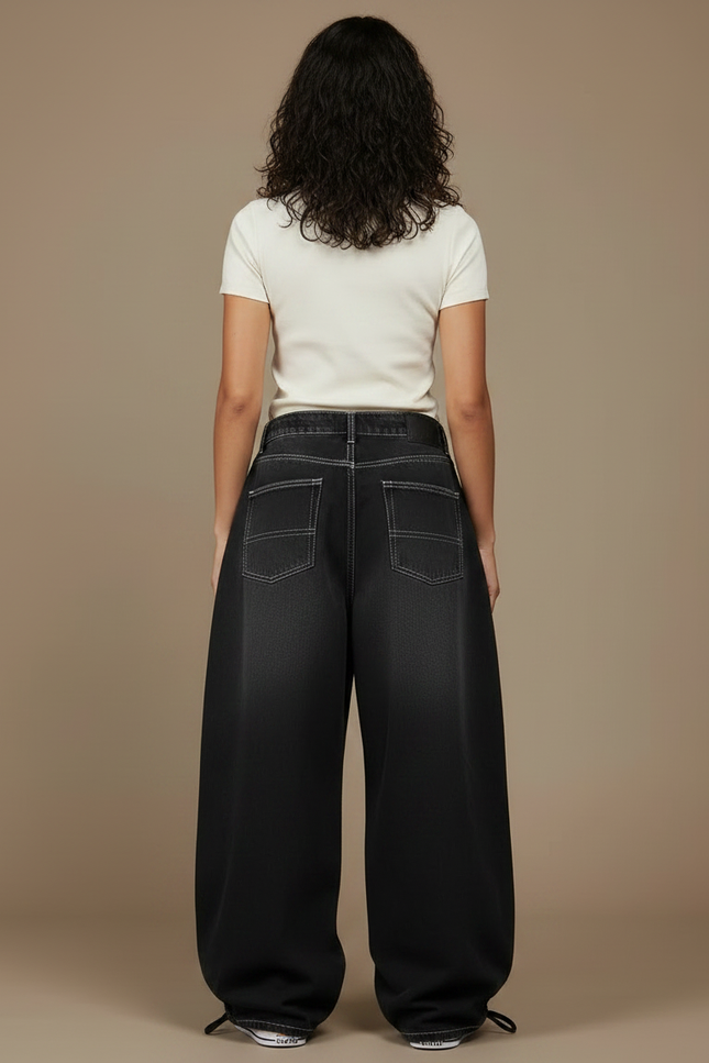 Pantalon Parachute Femme Noir Baggy Toile - Jean - vue 2