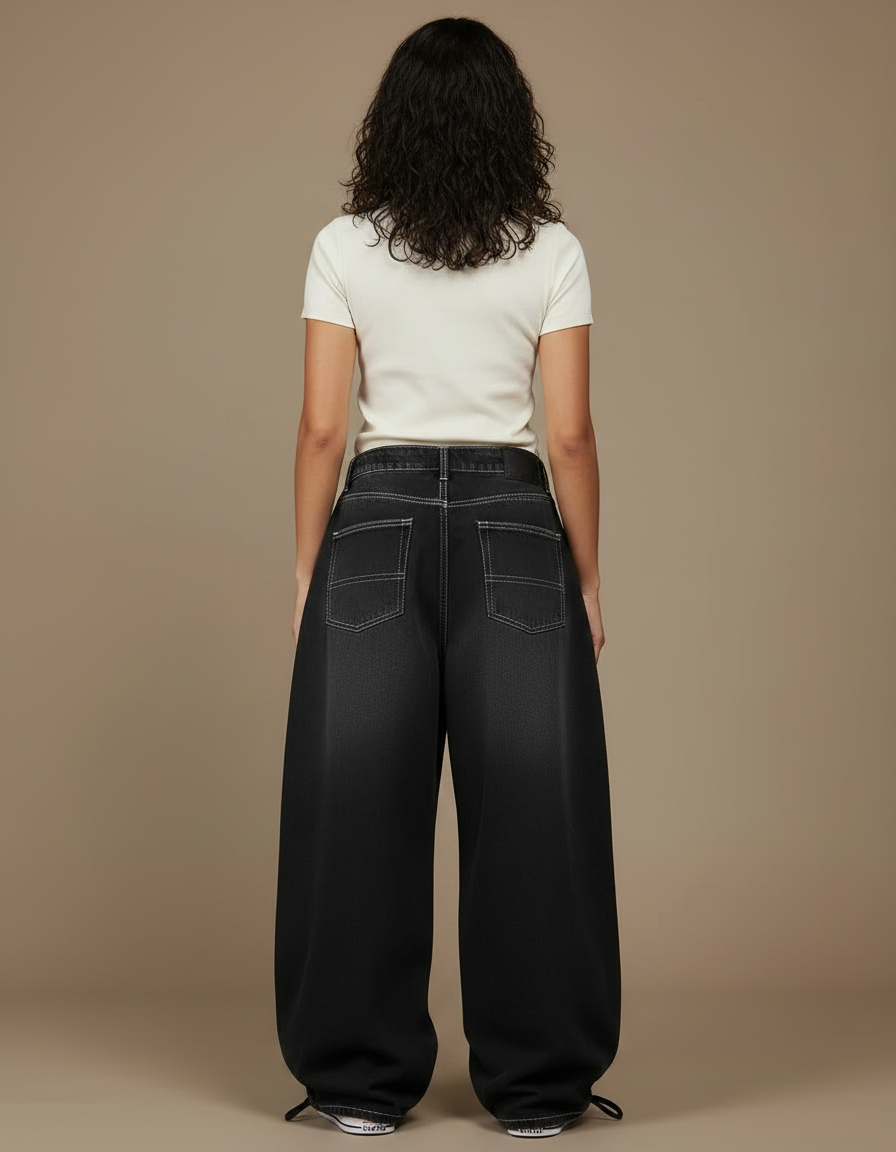 Pantalon Parachute Femme Noir Baggy Toile - Jean - vue 2