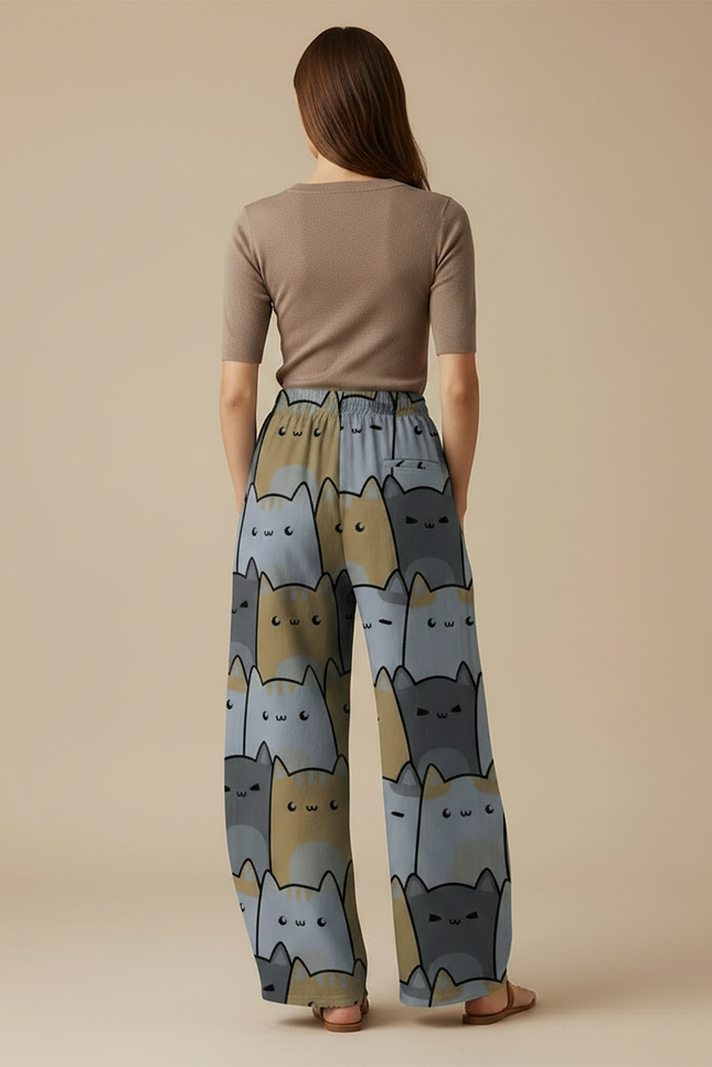 Pantalon Parachute Ample Chat Imprimé Taille Élastique - Viscose - vue 2