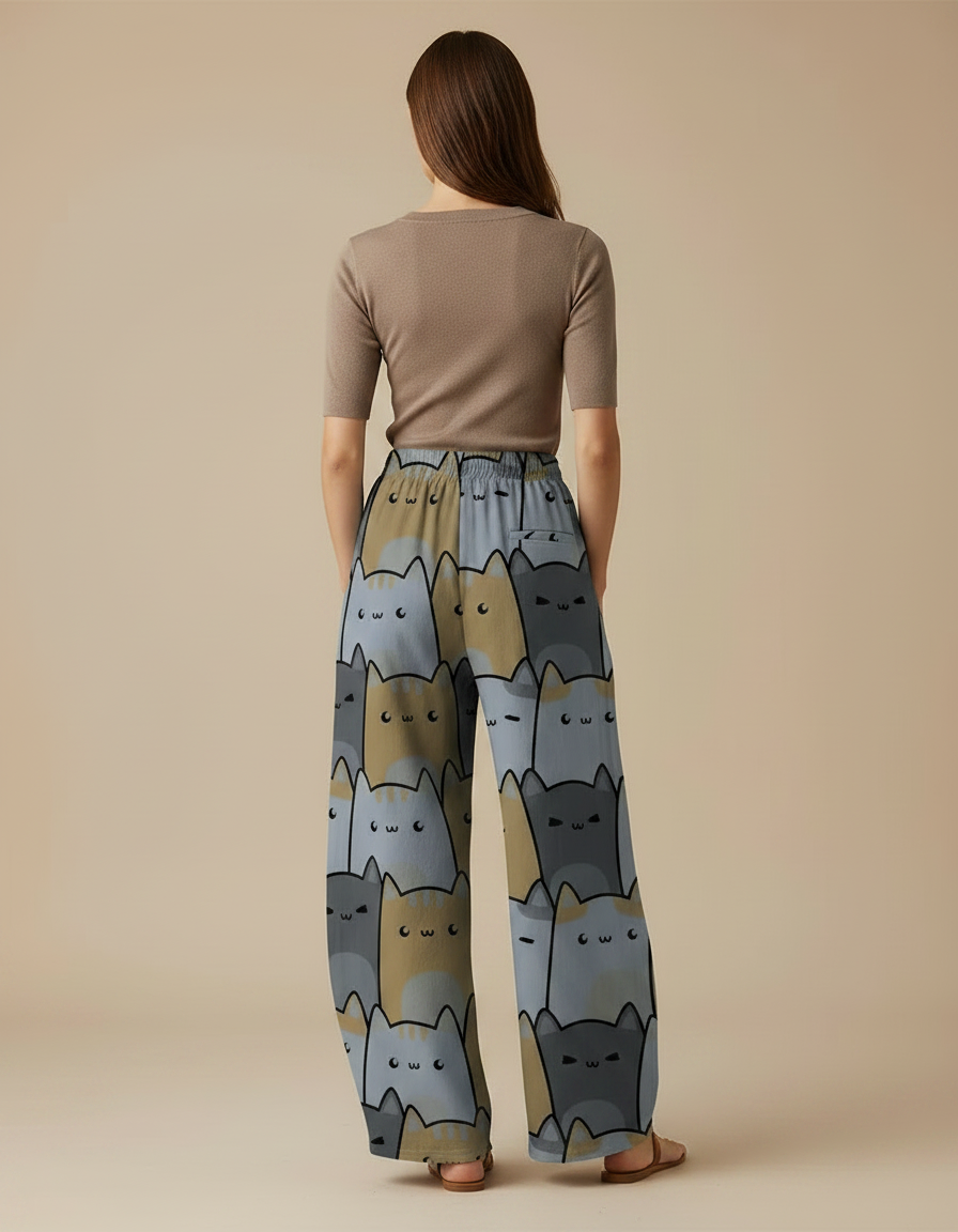 Pantalon Parachute Ample Chat Imprimé Taille Élastique - Viscose - vue 2