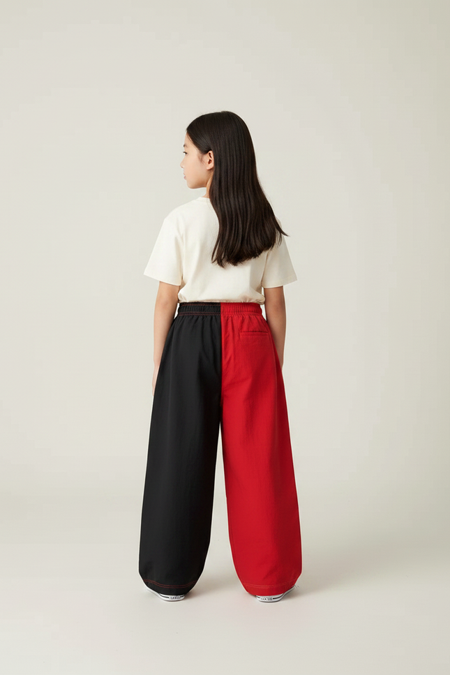 Pantalon Parachute Bicolore Noir Rouge Ample Fille - Multicolore Polyester - vue 2