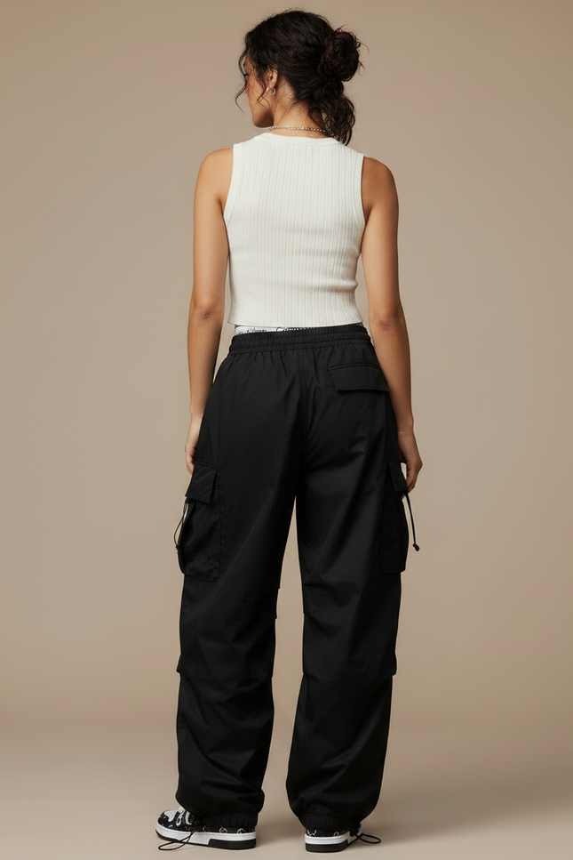 Pantalon Parachute Taille Haute - Noir Polyester - vue 2