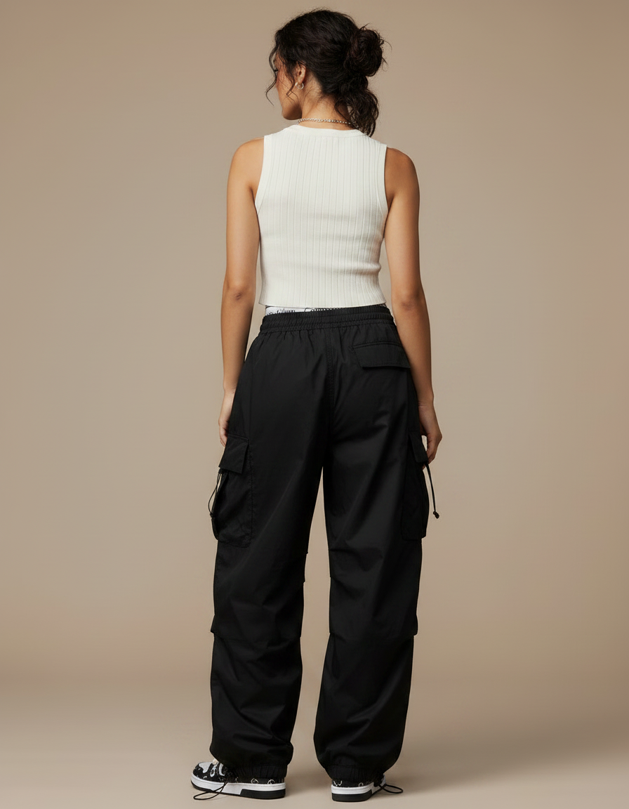 Pantalon Parachute Taille Haute - Noir Polyester - vue 2