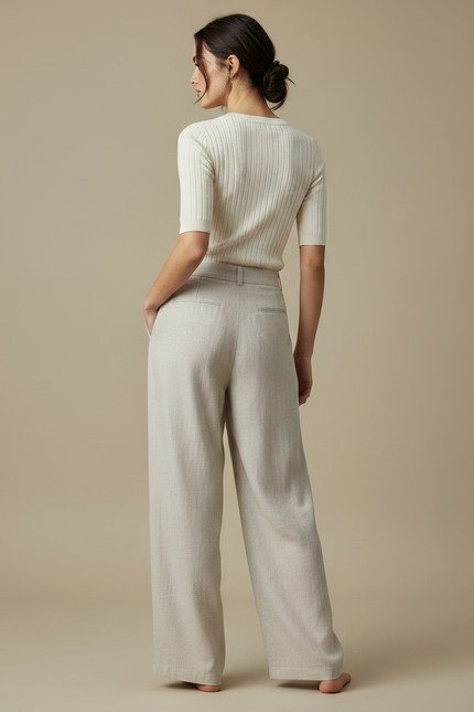 Pantalon Parachute Lin Ample Plissé Clair Élégant - Beige - vue 2