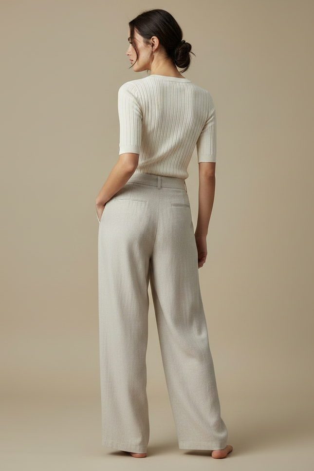 Pantalon Parachute Lin Ample Plissé Clair Élégant - Beige - vue 2