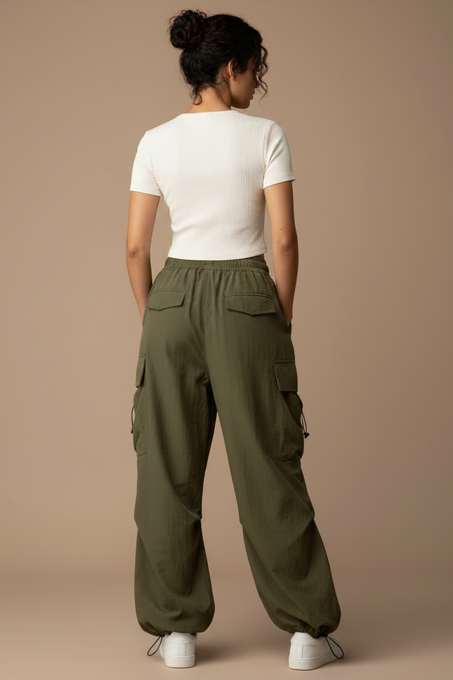 Pantalon Parachute Kaki Cargo Ample Femme Streetwear - Polyester - vue 2