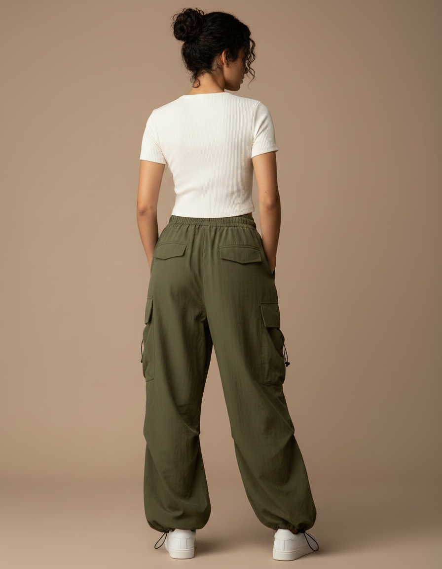 Pantalon Parachute Kaki Cargo Ample Femme Streetwear - Polyester - vue 2