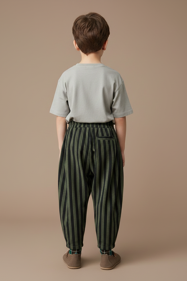 Pantalon Parachute Rayé Vert Noir Ample Enfant Décontracté - Kaki Coton - vue 2