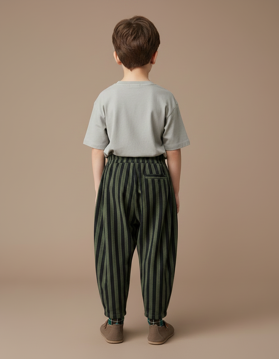 Pantalon Parachute Rayé Vert Noir Ample Enfant Décontracté - Kaki Coton - vue 2