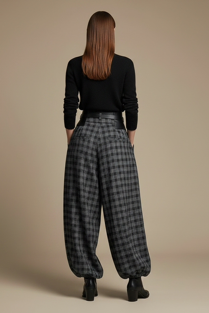 Pantalon Parachute Plaid Gris Ample Fluide Chic - Laine - vue 2