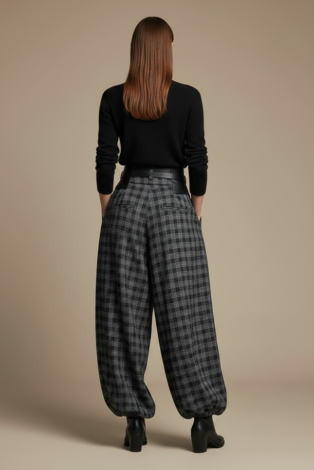 Pantalon Parachute Plaid Gris Ample Fluide Chic - Laine - vue 2