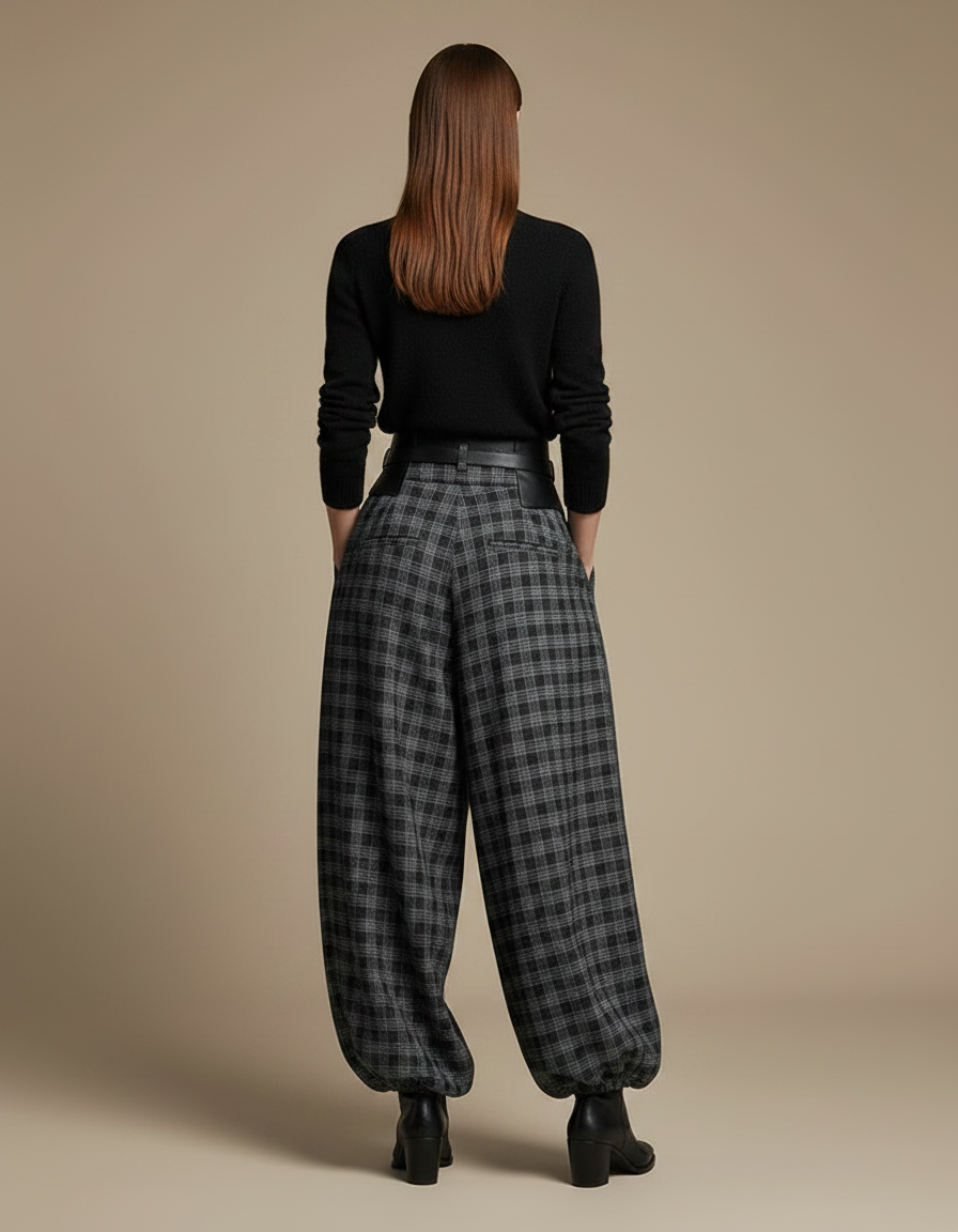 Pantalon Parachute Plaid Gris Ample Fluide Chic - Laine - vue 2