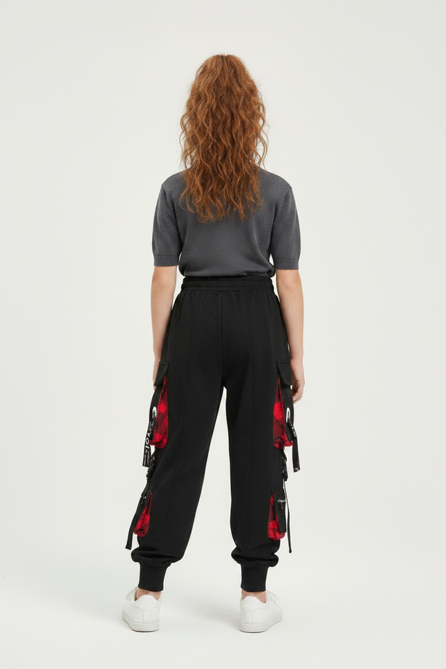 Pantalon Parachute Noir Carreaux Rouges Cargo Ample - Molleton - vue 2