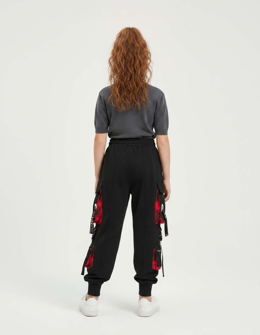 Pantalon Parachute Noir Carreaux Rouges Cargo Ample - Molleton - vue 2
