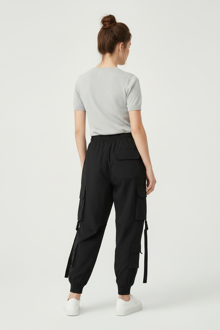 Pantalon Parachute Noir Cargo Ample Multipoches Femme - Polyester - vue 2