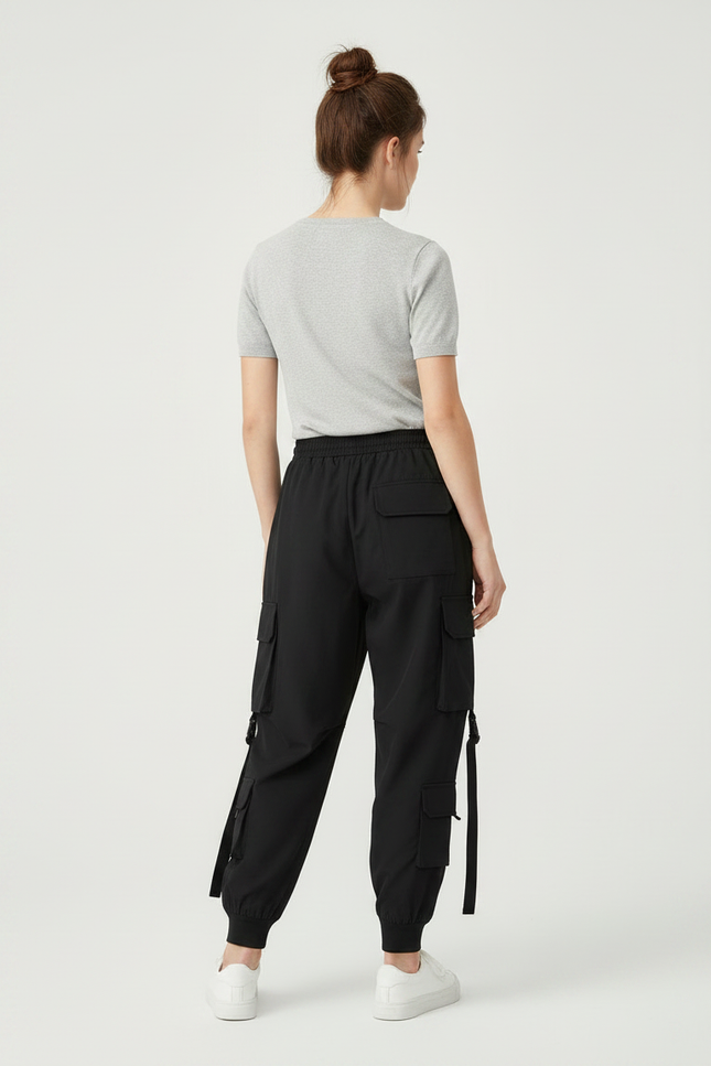 Pantalon Parachute Noir Cargo Ample Multipoches Femme - Polyester - vue 2
