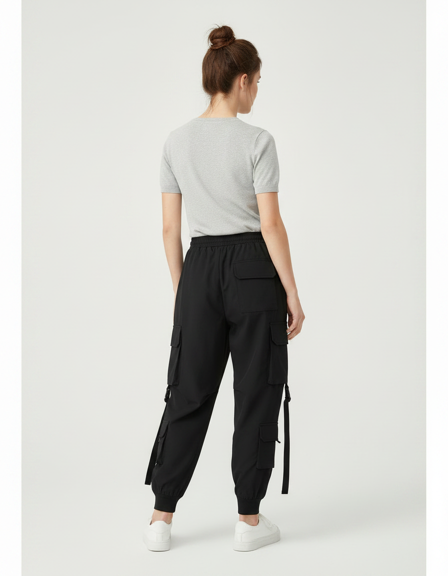 Pantalon Parachute Noir Cargo Ample Multipoches Femme - Polyester - vue 2