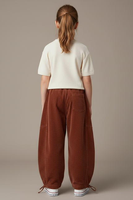 Pantalon Parachute Côtelé Marron Ample Enfant Doux Décontracté - Cordé - vue 2