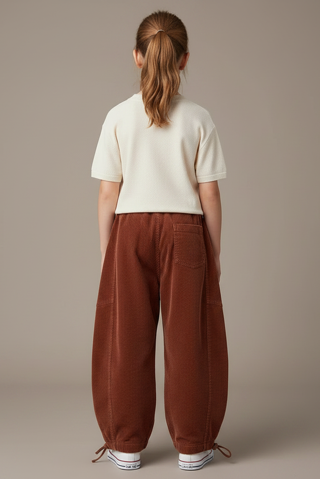 Pantalon Parachute Côtelé Marron Ample Enfant Doux Décontracté - Cordé - vue 2