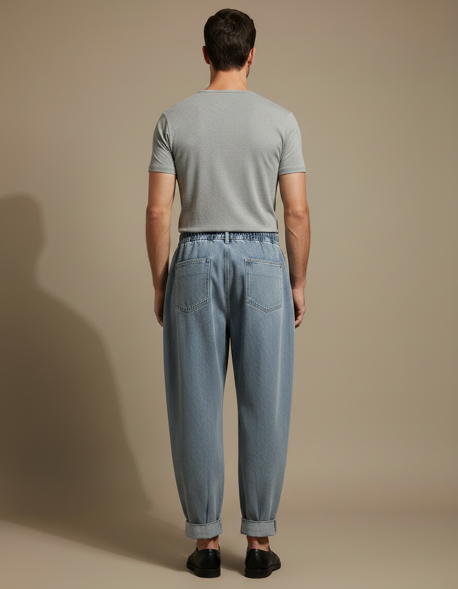 Pantalon Parachute Bleu Délavé Ample Plissé Décontracté Homme - Jean - vue 2
