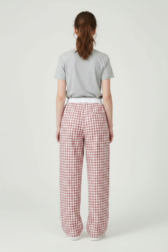 Pantalon Parachute Vichy Rouge Ample Coton Décontracté - vue 2