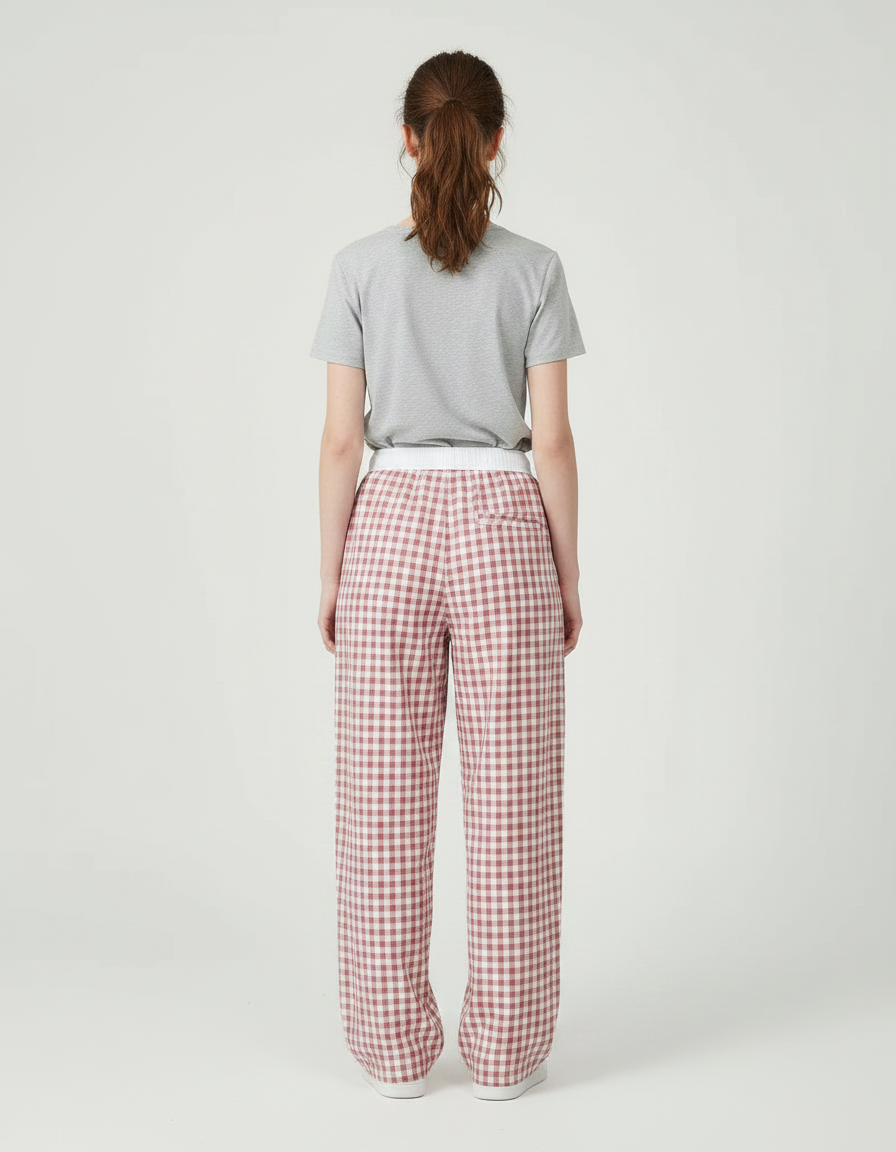 Pantalon Parachute Vichy Rouge Ample Coton Décontracté - vue 2