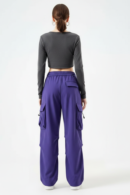Pantalon Parachute Violet Cargo Ample Taille Haute - Molleton - vue 2